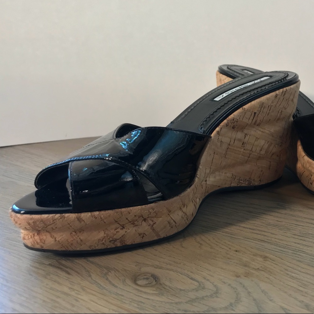 Via Spiga Cork Platform Wedges - Black Patent Sz 9